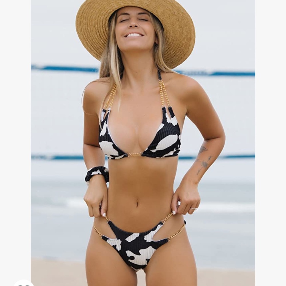 Ribbed Cow Print Velvet Triangle Bikini Double Chain Cheeky Bottoms MediumxLarge